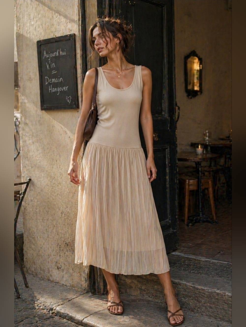 Beige Pleated Midi Dress Drop Waist Minimalist Neutral Sleeveless Flowy